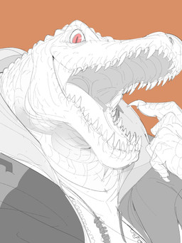 anthro claws clothed clothed_anthro clothed_male clothing fangs finger_claws gesture hand_gesture hoodie light_body light_scales looking_at_viewer male open_mouth open_smile orange_background palate_ridges pointing pointing_at_mouth pointing_at_own_mouth pointing_at_self pupils red_eyes scales shirt simple_background slit_pupils smile smiling_at_viewer solo teeth tongue_showing topwear white_sclera chiayeeee six_(mmalpham) crocodilian reptile scalie 2023 absurd_res bust_portrait digital_drawing_(artwork) digital_media_(artwork) hi_res portrait