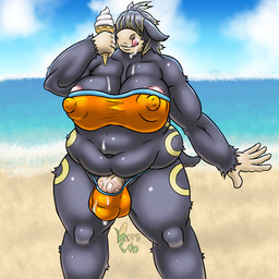 anthro areola barely_contained belly big_areola big_penis breasts bulge clothing dessert food genitals gynomorph ice_cream intersex nipples overweight penis solo swimwear vein veiny_penis korncob nintendo pokemon camel camelid camerupt generation_3_pokemon mammal pokemon_(species) 1:1 hi_res