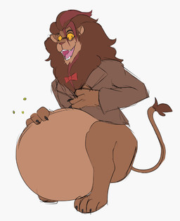 accessory ambiguous_gender ambiguous_prey belly big_belly bloated bottomless bow_(feature) bow_accessory bow_tie claws clothed clothed_feral clothing eyewear fangs feral feral_pred fur glasses hair hair_accessory hand_on_belly huge_belly larger_male male male_pred mane open_mouth paws semi-anthro simple_background sitting size_difference smaller_ambiguous smile soft_vore solo tail teacher teeth topwear topwear_only vore lunarcoilzone felid feline felis lion mammal pantherine digital_media_(artwork) hi_res monochrome source_request