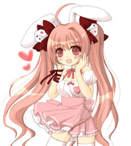 accessory ahoge alternative_fashion blush bottomwear bow_(feature) bow_accessory bow_ribbon clothed clothing d6 dice eyebrow_through_hair eyebrows female hair hair_accessory hair_bow hair_ribbon heart_symbol j-fashion legwear long_hair looking_at_viewer pigtails pink_bottomwear pink_bow pink_clothing pink_skirt pleated_skirt red_bow ribbons shirt short_sleeves simple_background skirt smile solo thigh_highs topwear translucent translucent_hair white_background white_clothing white_shirt white_topwear unknown_artist di_gi_charat hikaru_usada animal_humanoid humanoid lagomorph lagomorph_humanoid leporid_humanoid mammal mammal_humanoid rabbit_humanoid