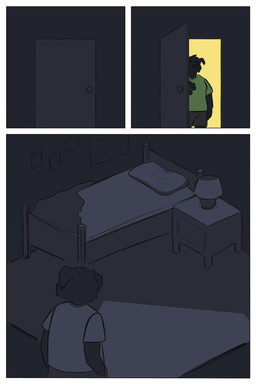 anthro bed bedroom bottomwear clothing dark_room door furniture inside male nightstand shirt shorts solo t-shirt topwear demilittleguy dave_(demilittleguy) canid canine canis domestic_dog mammal comic hi_res