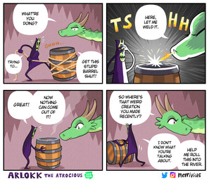 2_horns 4_fingers 4_panel_comic ambiguous_gender barrel black_text bone breath_powers dialogue duo elemental_manipulation eyelashes eyes_closed female fingers fire fire_breathing fire_manipulation green_body horn instagram_logo looking_down looking_down_at_another looking_down_at_object shadow she-dragon_(merrivius) skull skull_head speech_bubble tan_horn text twitter_logo welding merrivius arlokk_the_atrocious instagram mythology twitter arlokk dragon mythological_creature mythological_scalie scalie 2022 artist_name comic digital_media_(artwork) english_description english_text hi_res shaded