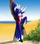 2012 anthro avian beach beak bedroom_eyes bird clothed clothing corrvo detailed_background eyebrows eyelashes feather_6 feathered_wings feathers feet female half-closed_eyes hi_res maggie_kry narrowed_eyes one_leg_up pose raised_leg sand seaside seductive sky solo talons toes water wings