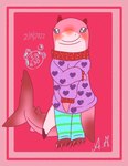 black_sclera blue_eyes blush claws clothing female fin footwear holidays looking_at_viewer pink_body semi-anthro simple_background socks solo sweater topwear seabreeze629 valentine's_day fish great_white_shark mackerel_shark marine shark white_shark hi_res