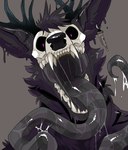 ambiguous_gender anthro antlers black_nose blue_antlers bodily_fluids bone cheek_tuft drooling ear_piercing ear_ring facial_tuft fangs front_view fur grey_body grey_fur grey_hair hair horn long_tongue looking_at_viewer mouth_shot open_mouth piercing ring_piercing saliva saliva_on_tongue saliva_string simple_background skull skull_head solo striped_tongue teeth tongue tuft imperatorcaesar absurd_res bust_portrait hi_res portrait