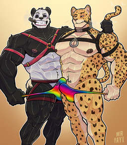 anthro bulge bulge_frottage clothing duo harness lgbt_pride male male/male muscular muscular_anthro muscular_arms muscular_male pecs pride_color_clothing pride_colors smoking smothering thong underwear yayi_mr_(artist) beastars lgbt_pride_month charr_(maririn) gouhin_(beastars) bear felid giant_panda leopard mammal pantherine absurd_res hi_res