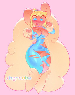 accessory anthro big_breasts big_ears blonde_hair blue_bodysuit blue_clothing blue_eyes blue_skinsuit blush bodysuit breasts brown_body brown_fur clothing eyelashes female fur fusion hair hair_accessory hair_tie navel null pink_background simple_background skinsuit solo thick_thighs tight_clothing wardrobe_malfunction zero_suit shgrcube metroid nintendo pokemon samus_aran generation_4_pokemon lopunny pokemon_(species)