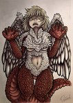 angry belly blonde_hair breasts claws fangs feathers female growling hair multicolored_body navel scales solo spread_wings teeth wide_hips wings yellow_eyes deidad_dissitum delicious_in_dungeon falin_touden chimera humanoid hybrid digital_media_(artwork) hi_res mixed_media traditional_media_(artwork)