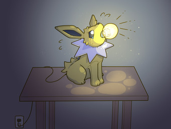 ambiguous_gender appliance blonde_hair feral frozen_expression fur furniture glistening glistening_body hair implied_transformation inanimate_transformation lamp light light_bulb mane objectification plastic solo table transformation white_body white_fur yellow_body yellow_fur kareha_21909 nintendo pokemon eeveelution generation_1_pokemon inanimate_object jolteon pokemon_(species) 4:3 hi_res