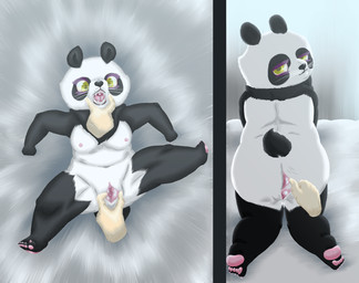 ambiguous_gender anthro anus bed breasts duo female furniture gaping gaping_anus gaping_vagina genitals lying lying_on_bed male male/female on_bed open_mouth size_difference small_breasts smaller_female smile spread_anus spread_legs spread_vulva spreading submissive submissive_female vulva yellow_eyes the_shag! bear giant_panda mammal hi_res