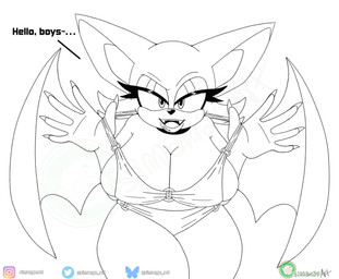 anthro bedroom_eyes big_breasts bikini bikini_pull breasts cleavage clothed clothing clothing_pull dialogue female huge_breasts looking_at_viewer narrowed_eyes o-ring_bikini_top seductive solo swimwear swimwear_pull thick_thighs two-piece_swimsuit wide_hips simango_art sega sonic_the_hedgehog_(series) rouge_the_bat bat mammal hi_res monochrome