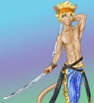 abs accessory anthro belt bottomwear bracelet clothing ear_piercing headband holding_melee_weapon holding_object holding_sword holding_weapon jewelry katana male melee_weapon muscular muscular_anthro muscular_male nipples nude pants pecs piercing sagging slim solo sword tail weapon acorndeer human hybrid mammal unknown_species