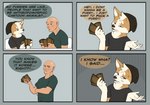 absurd_res anthro bald bruno_(corginamedbruno) canid canine canis card_game chair clothed clothing comic corginamedbruno dialogue domestic_dog duo english_text furniture gaming gesture hasbro hat headgear headwear hi_res holding_card human humor magic:_the_gathering male mammal playing profanity shrug simple_background speech_bubble text wizards_of_the_coast