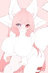 4_ears anthro bent_over big_breasts biped blush blush_lines breasts collarbone curvy_figure eyebrows eyelashes featureless_breasts female fluffy fluffy_tail fur grey_eyes hair heart_eyes heart_symbol heterochromia holding_breast hourglass_figure huge_breasts kemono long_hair multi_ear nipple_outline pawpads paws pink_hair raised_tail red_eyes smile solo tail thick_thighs white_body white_fur myuruu hakuren_(myuruu) mammal 2024 hi_res