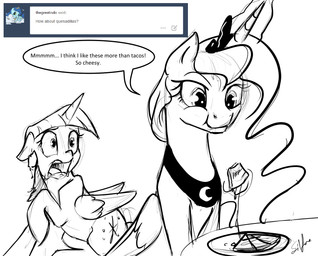duo eating feathered_wings feathers female feral food horn text wings silfoe friendship_is_magic hasbro my_little_pony mythology princess_luna_(mlp) twilight_sparkle_(mlp) equid equine mammal mythological_creature mythological_equine winged_unicorn 2015 english_text hi_res monochrome
