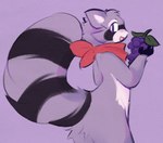 anthro black_body black_fur black_outline black_stripes butt casual_nudity cheek_tuft countershade_face countershade_fur countershade_torso countershading facial_tuft food fruit fur gloves_(marking) grape grey_body grey_fur happy holding_food holding_fruit holding_grapes holding_object kerchief kerchief_only looking_at_viewer looking_back looking_back_at_viewer male markings mostly_nude multicolored_body multicolored_fur neckerchief neckerchief_only open_mouth open_smile outline pink_background plant purple_eyes rear_view red_kerchief red_neckerchief short_fingers simple_background smile solo standing striped_markings striped_tail stripes tail tail_markings three-quarter_view tuft white_body white_countershading white_fur sparrow_134 indigo_park rambley_raccoon mammal procyonid raccoon 2024 digital_media_(artwork) shaded