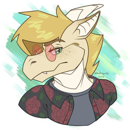 anthro blonde_hair brown_eyebrows clothed clothing eyebrows eyewear glasses hair horn looking_at_viewer male multicolored_body shirt solo tan_body teal_eyes topwear wearing_glasses white_horn greenteadragonboi mythology dragon mythological_creature mythological_scalie scalie 1:1 2019 hi_res portrait