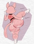 anthro barefoot big_butt biped bodily_fluids bottomless butt cellulite clothed clothing feet female huge_butt looking_away motion_lines musk one_leg_up pink_body raised_leg soles solo stretching sweat sweaty_butt tail text thick_thighs purple_yoshi_draws super_planet_dolan shima_luan domestic_cat felid feline felis mammal 2024 hi_res