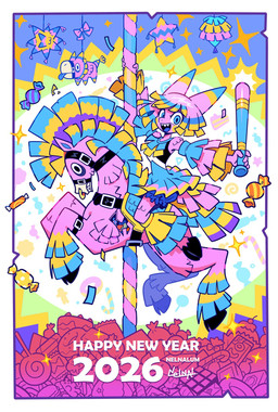 ambiguous_gender amusement_ride anthro baseball_bat bat_(object) candy carousel carousel_horse clothed clothing dessert facial_piercing female feral food group holidays nose_piercing nose_ring piercing pinata ring_piercing sharp_teeth teeth trio nelnal chinese_zodiac new_year year_of_the_horse blair_(nelnal) animate_inanimate equid equine horse living_pinata mammal hi_res