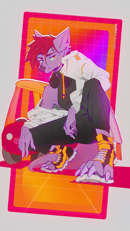 anthro bottomwear cheek_tuft clothing colorful_background crouching digitigrade digitigrade_footwear electronics facial_tuft footwear fur furgonomic_footwear furgonomics hair headphones jacket looking_at_viewer male music nails pants pawpads paws purple_body purple_fur red_hair revealed_shoulder shoes simple_background solo synced_to_music tail topwear tuft andre_moraph little_tikes andre_moraph_(character) canid canine canis mammal wolf 2026 9:16 absurd_res animated digital_drawing_(artwork) digital_media_(artwork) film_grain hi_res high_framerate loop short_playtime signature sound video