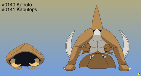 ambiguous_gender blade_arm brown_body butt duo exoskeleton feral gradient_background logo looking_at_viewer looking_through looking_through_legs looking_through_legs_at_viewer simple_background text pichu90 nintendo pokemon fossil_pokemon generation_1_pokemon kabuto kabutops pokemon_(species) artist_logo english_text hi_res