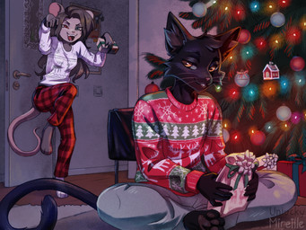 anthro black_body black_fur cheek_tuft christmas_clothing christmas_decorations christmas_ornament christmas_present christmas_sweater christmas_topwear christmas_tree clothed clothing crossed_legs duo facial_tuft female fully_clothed fur gift grey_body grey_fur hair holidays long_hair male ornament pajama_pants pawpads plant predator/prey romantic romantic_couple smile sweater tail topwear tree tuft whiskers unluckymireille christmas ashe_frost_(lentilghost) domestic_cat felid feline felis mammal mouse murid murine rodent 4:3 hi_res