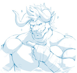 5_fingers barazoku fingers hair horn looking_at_viewer male muscular simple_background solo spiky_hair tusks white_background sollyz final_fantasy square_enix behemoth_(final_fantasy) 2018 digital_drawing_(artwork) digital_media_(artwork) hi_res monochrome signature sketch