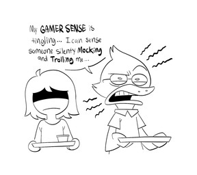 ambiguous_gender anthro beak clothing duo eyewear frown glasses hair shirt speech_bubble text toony topwear kewlbot deltarune undertale_(series) berdly kris_(deltarune) avian bird bluebird human lightner mammal oscine passerine thrush_(bird) english_text hi_res monochrome