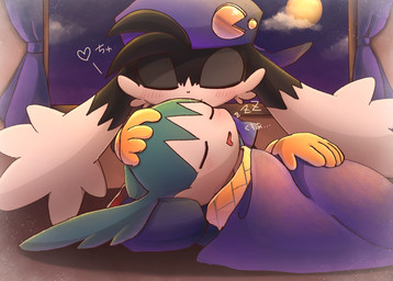 anthro black_body black_fur blue_baseball_cap blue_clothing blue_shirt blue_topwear blush clothing duo eyes_closed fur gloves green_body green_fur handwear heart_symbol kemono kiss_on_forehead kissing male male/male night shirt sleeping text topwear window yellow_clothing yellow_gloves yellow_handwear young young_anthro young_male haippp bandai_namco klonoa_(series) klonoa 2020 hi_res japanese_description japanese_text
