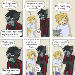 anthro black_hair blonde_hair blue_eyes bottomwear brown_eyes clothing crossed_arms dialogue duo flannel_shirt hair hand_on_own_arm logo male pajamas pants profanity smile speech_bubble text unimpressed kriek_wildebeest jeremy_(kriek_wildebeest) tom_(kriek_wildebeest) border_collie canid canine canis collie domestic_dog herding_dog husky hybrid mammal nordic_sled_dog pastoral_dog sheepdog spitz wolf 1:1 artist_logo comic english_text hi_res multiple_scenes