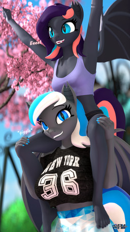 anthro anthrofied blue_eyes blue_nail_polish blue_nails carrying_another clothing colored_nails duo ear_tuft fangs female grey_body membrane_(anatomy) membranous_wings nails on_shoulders plant pupils slit_pupils teeth tree tuft wings anthroponiessfm hasbro my_little_pony diamond_azure fan_character noctilucent bat_pony equid mammal 3d_(artwork) 9:16 digital_media_(artwork) hi_res