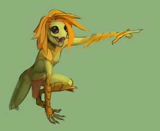 5_fingers black_eyes bottomwear breasts clothed clothing featureless_breasts female fingers gesture green_body hair hand_gesture kneeling loincloth loincloth_only noseless open_mouth orange_hair plant plant_hair pointing pseudo_hair simple_background slim solo topless klaisen chucklefish starbound elemental_creature elemental_humanoid flora_fauna floran humanoid plant_humanoid low_res