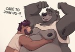 anthro armpit_hair armpit_sniffing baloo bear bearafterall beard body_hair clothing dialogue disney duo english_text eyes_closed facial_hair hi_res looking_at_viewer male male/male mammal nipples overweight shirt simple_background sniffing tank_top text the_jungle_book topwear