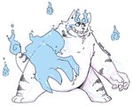 3_toes 4_fingers anthro belly big_belly chest_tuft disembodied_hand feet fingers fur ghost_hand hand_pawpads male nude plantigrade pointy_ears solo striped_body striped_fur stripes toes tongue tongue_out toony tuft p_rindustries felid feline mammal 5:4 guide_lines hi_res