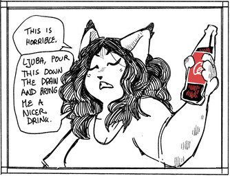 anthro beverage beverage_bottle bottle clothed clothed_anthro clothed_female clothing container dialogue eyes_closed female fur hair holding_object shirt simple_background solo text topwear white_background mia_cain coca-cola freiin_franzesca_ostermunzer felid feline lynx mammal english_text