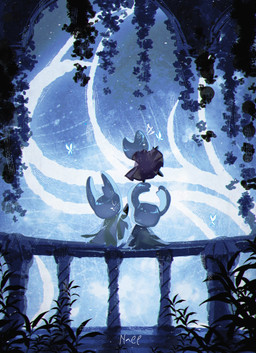 2_horns ambiguous_gender anthro biped cloak clothed clothing group horn plant sitting text trio white_text aaasakawa hollow_knight_(franchise) team_cherry hollow_knight_(character) hornet_(hollow_knight) the_knight_(hollow_knight) arthropod vessel_(species) 2026 english_text hi_res signature female_(lore) half_sister_(lore) sibling_(lore) sister_(lore)