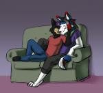 anthro clothed clothing cuddling duo fur furniture hair male relaxing romantic romantic_couple smile sofa eevachu aster_rhodes_ravier frocta canid canine canis domestic_cat domestic_dog felid feline felis husky mammal nordic_sled_dog spitz 2015 hi_res