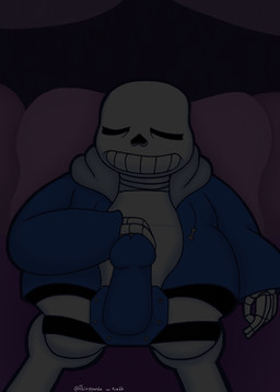 anterior_nasal_aperture bed bedding blanket blue_clothing blue_hoodie blue_topwear bone clothed clothing curtains furniture hand_on_belly hoodie male male_wearing_strapon not_furry pillow skeleton sleeping solo strapon teeth topwear wearing_strapon lunarpanda8686 undertale undertale_(series) sans_(undertale) animated_skeleton humanoid undead digital_media_(artwork) hi_res