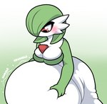 belly big_belly big_breasts blush breasts cleavage clothed clothing female green_body green_hair hair hand_on_belly holding_stomach huge_belly hyper hyper_belly looking_at_stomach looking_down mouthless not_furry one_eye_obstructed red_eyes rumbling_stomach solo sound_effects text white_body pompuffy_(artist) nintendo pokemon gardevoir generation_3_pokemon humanoid pokemon_(species) absurd_res hi_res