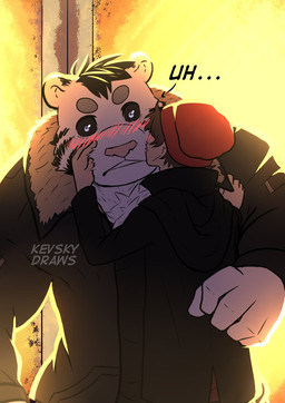 anthro blush clothing date door duo fur hat headgear headwear human_on_anthro interspecies jacket kissing larger_anthro lights male male/male size_difference smaller_human text topwear white_body white_fur kevsky_draws felid human mammal pantherine tiger english_text