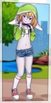 anthro blue_eyes blush bottomwear choker clothing daisy_dukes denim denim_bottomwear denim_clothing denim_shorts female fur hotpants jewelry midriff navel necklace outside pink_nose plant pond shorts solo tree white_body white_fur young young_anthro young_female sicmop saoirse_(fatestcloud) lagomorph leporid mammal rabbit 2022 hi_res