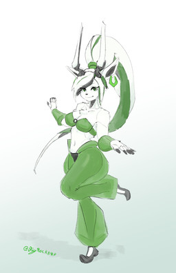5_fingers anthro bangs black_hair black_nose blue_eyes clothing ear_piercing ear_ring female fingers fur green_hair hair multicolored_hair piercing ponytail ring_piercing simple_background smile solo white_body white_hair bigrock libbie_the_spirit_oryx antelope arabian_oryx bovid grazing_antelope mammal oryx absurd_res hi_res signature