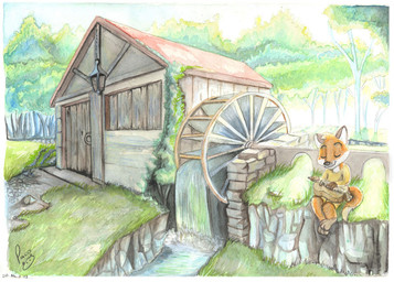 anthro building closed_smile clothed clothing day detailed_background eyes_closed fur holding_musical_instrument holding_object logo male male_anthro mouth_closed musical_instrument outside plant playing_music slight_smile smile solo topwear tree waterfall white_body white_fur yellow_clothing yellow_topwear pandapaco biro_(pandapaco) canid canine fox mammal 2012 artist_logo dated signature