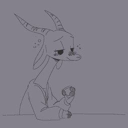 ambiguous_gender anthro bodily_fluids clothed clothing container cup drunk facial_markings grey_background half-closed_eyes head_markings holding_container holding_cup holding_object horn markings narrowed_eyes simple_background smile solo substance_intoxication tears fuel_(artist) chico_(fuel) antelope bovid gazelle mammal 1:1 2019 greyscale monochrome