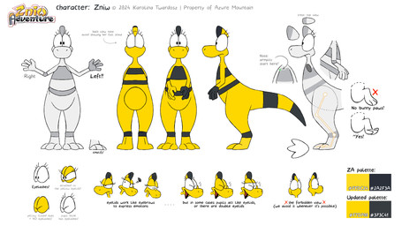 angry anthro blinking digitigrade female happy laugh sad simple_background solo text toony white_background yellow_body twarda8 zniw_adventure zniw dinosaur ornithischian ornithopod prehistoric_species reptile scalie unknown_species english_text hi_res model_sheet official_art