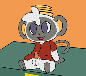 anthro balls bottomless clothed clothing erection furniture genitals male on_table open_mouth simple_background sitting sitting_on_table solo table lightningb0lt01 animal_crossing nintendo niko_(animal_crossing) grey_langur haplorhine langur mammal monkey old_world_monkey primate absurd_res hi_res