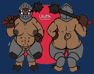 2_toes 4_fingers anthro armor belly_nipples big_breasts big_butt breasts brown_body brown_fur butt clothing curled_tail dark_nipples feet female fingers fur genitals gloves handwear headgear helmet holding_melee_weapon holding_object holding_weapon hooves leg_armor mace melee_weapon multi_nipple navel nipples no_pupils overweight overweight_anthro overweight_female plate_armor raised_arm red_eyes scar simple_background snout solo spikes tail text toes tusks vulva weapon weapon_on_shoulder trout_(artist) uloth mammal suid suine sus_(pig) wild_boar 2020 aliasing alpha_channel character_name digital_media_(artwork) english_text hi_res model_sheet signature