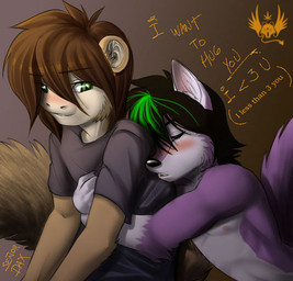 anthro black_hair black_nose blush brown_hair clothed clothing countershading dialogue duo eyes_closed fluffy fluffy_tail fur gloves_(marking) green_eyes green_hair hair hug looking_at_another looking_back love male male/male markings nipples nude purple_body purple_fur shirt short_hair tail tan_body tan_fur text topwear white_body white_fur eldiman tokami canid canine canis domestic_dog haplorhine mammal monkey primate digital_media_(artwork) english_text