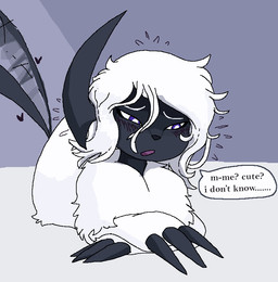 ambiguous_gender claws dark_body dark_skin embarrassed feral fur hair messy_hair narrowed_eyes purple_eyes solo tail tail_motion tailwag thick_thighs white_body white_fur white_hair commonbleat nintendo pokemon absol generation_3_pokemon pokemon_(species)