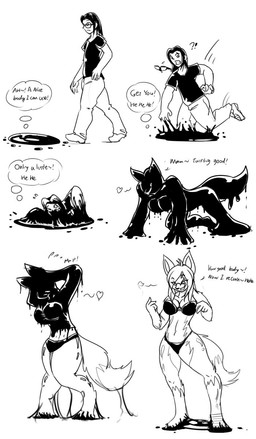 all_fours anthro biped bottomwear bra breasts clenched_teeth clothed clothing countershade_torso countershading dialogue digitigrade dipstick_tail eyewear female female_anthro footwear fully_clothed fur gender_transformation glasses gloves_(marking) goo_transformation hair heart_symbol human_to_anthro interrobang kneeling leg_markings looking_down looking_down_at_self male male_human markings motion_lines mtf_transformation panties pants scared shirt shoes simple_background sinking smile socks_(marking) solo species_transformation standing stuck t-shirt tail tail_markings teeth text thought_bubble topwear transformation transformation_sequence underwear underwear_only white_background mxl midoriko_(oc) goo_creature human mammal 2012 black_and_white digital_drawing_(artwork) digital_media_(artwork) english_text handwritten_text hi_res monochrome sketch